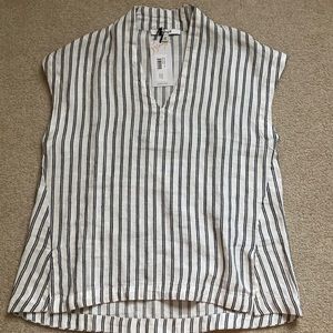 Sympli Deep V Linen Top in Navy Stripe- XS